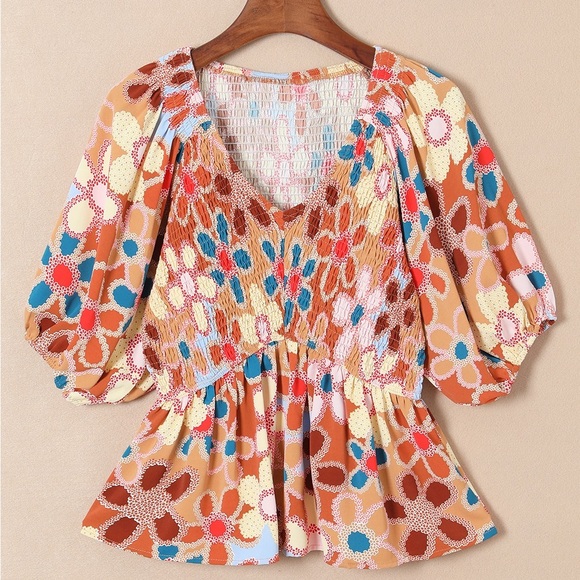 Apricot Boho Flower Print Puff Sleeve Peplum Top blouse V-Neck - Picture 5 of 13